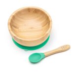 Kulatá bambusová miska s přísavkou a lžičkou, zelená