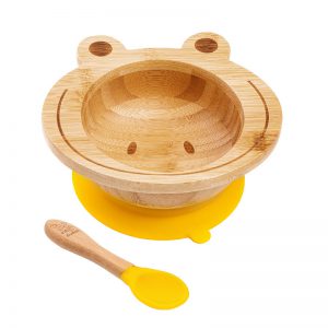 Dětská bambusová miska a lžička pro první příkrmy - Žabka, 300ml, žlutá
