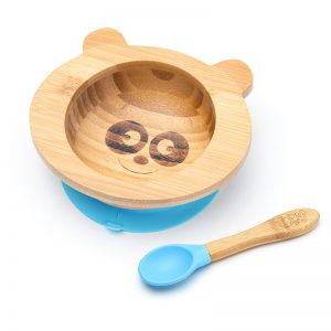 Dětská bambusová miska a lžička pro první příkrmy - Panda, 300ml, modrá