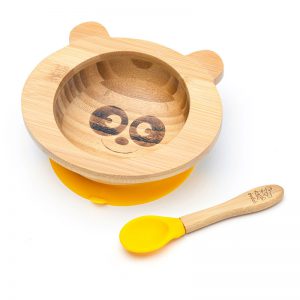 Dětská bambusová miska a lžička pro první příkrmy - Panda, 300ml, žlutá