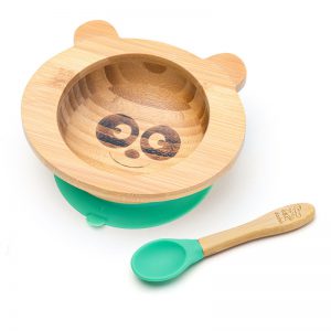 Dětská bambusová miska a lžička pro první příkrmy - Panda, 300ml, zelená