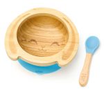 Dětská bambusová miska a lžička pro první příkrmy – Zajíček, 300ml, modrá