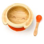 Dětská bambusová miska a lžička pro první příkrmy – Zajíček, 300ml, oranžová