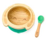 Dětská bambusová miska a lžička pro první příkrmy – Zajíček, 300ml, zelená