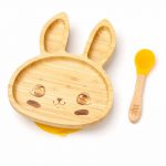 Dětský bambusový talíř a lžička pro první příkrmy – Zajíček, 18x23cm, žlutý