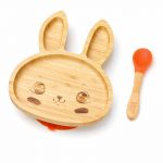 Dětský bambusový talíř a lžička pro první příkrmy – Zajíček, 18x23cm, oranžový
