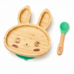 Dětský bambusový talíř a lžička pro první příkrmy – Zajíček, 18x23cm, zelený