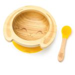 Detská bambusová miska a lyžička pre prvé príkrmy – Zajačik, 300ml, žltá