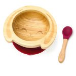 Detská bambusová miska a lyžička pre prvé príkrmy – Zajačik, 300ml, červená