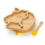 Bambusový talíř s přihrádkami, přísavkou a lžičkou pro miminka – Jednorožec, žlutý