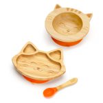 Bambusová jedálenská súprava na kŕmenie pre bábätká – Mačička, oranžová