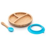 Okrúhly bambusový tanier s prísavkou a lyžičkou, 18cm, modrá