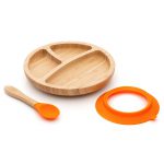 Okrúhly bambusový tanier s prísavkou a lyžičkou, 18cm, oranžová
