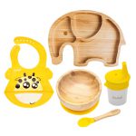 Súprava riadu s miskou, tanierom, pohárikom, podbradník a lyžičkou – Sloník & Žirafa, žltá