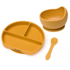 Souprava silikonového nádobí s protiskluzovou přísavkou s miskou, talířem a lžičkou - medovožlutá