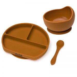 Souprava silikonového nádobí s protiskluzovou přísavkou s miskou, talířem a lžičkou - okrovohnědá