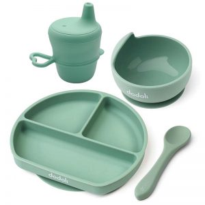 Sada silikonového nádobí s miskou, talířem, pohárem a lžičkou - azurově zelená