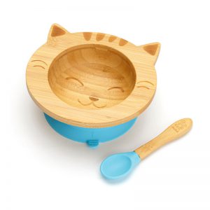 Dětská bambusová miska a lžička pro první příkrmy - Kočička, 300ml, modrá