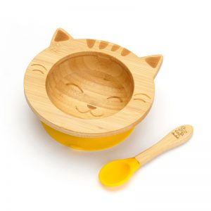 Dětská bambusová miska a lžička pro první příkrmy - Kočička, 300ml, žlutá