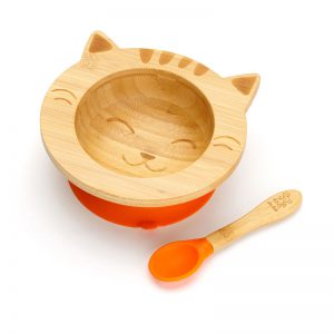 Dětská bambusová miska a lžička pro první příkrmy - Kočička, 300ml, oranžová