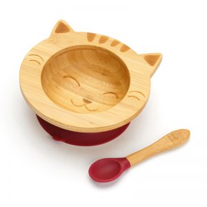 Dětská bambusová miska a lžička pro první příkrmy - Kočička, 300ml, višňová červená