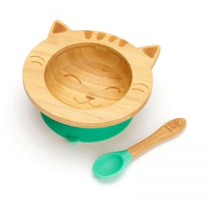 Dětská bambusová miska a lžička pro první příkrmy - Kočička, 300ml, zelená