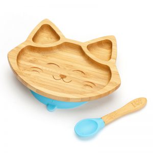 Dětský bambusový talíř a lžička pro první příkrmy - Kočička, 19x16cm, modrá