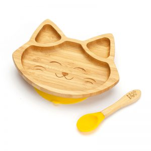 Dětský bambusový talíř a lžička pro první příkrmy - Kočička, 19x16cm, žlutá