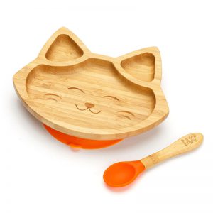 Dětský bambusový talíř a lžička pro první příkrmy - Kočička, 19x16cm, oranžová
