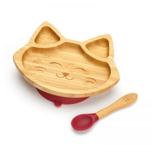 Dětský bambusový talíř a lžička pro první příkrmy - Kočička, 19x16cm, višňová červená