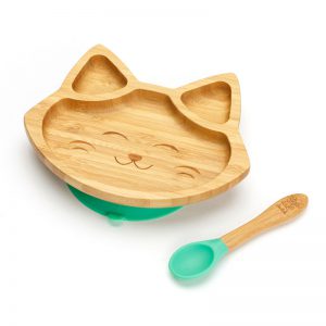 Dětský bambusový talíř a lžička pro první příkrmy - Kočička, 19x16cm, zelená