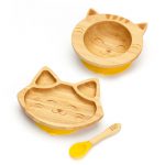 Bambusová jídelní sada na krmení pro miminka – Kočička, žlutá
