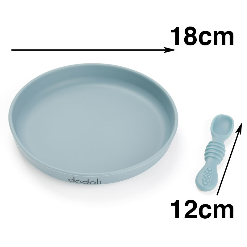 Dodoli Dětský silikonový talíř s přísavkou a lžičkou – bez BPA, pro děti a miminka, 18 cm – Šedomodrá – 1