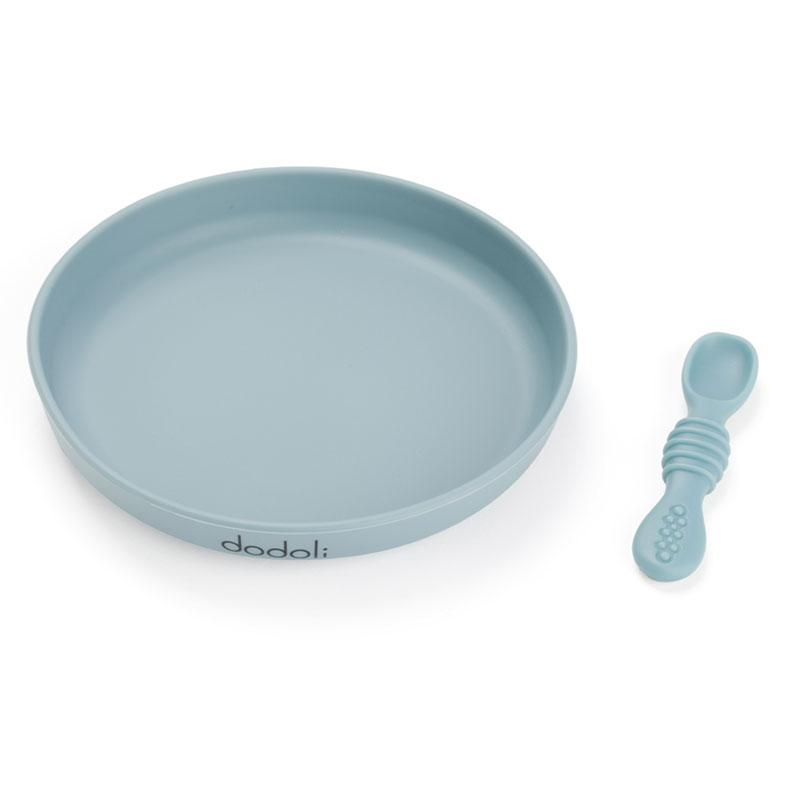 Dodoli Dětský silikonový talíř s přísavkou a lžičkou – bez BPA, pro děti a miminka, 18 cm – Šedomodrá