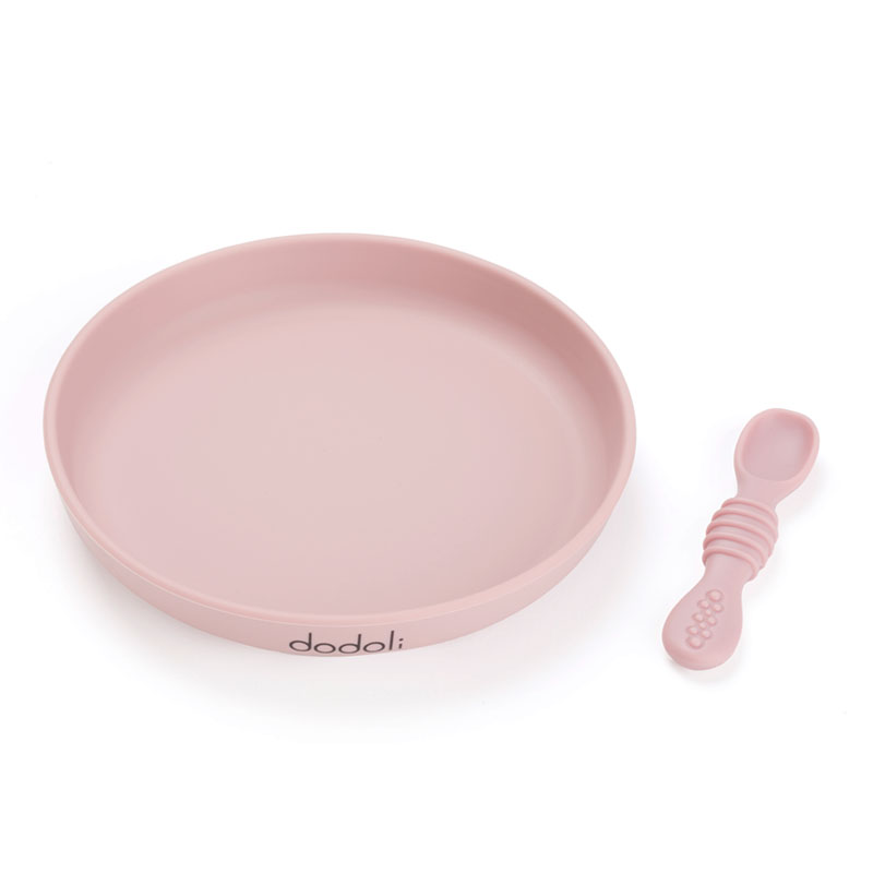 Dodoli Dětský silikonový talíř s přísavkou a lžičkou – bez BPA, pro děti a miminka, 300 ml – Pudrovorůžová